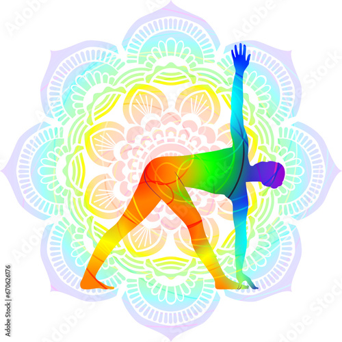 Colorful silhouette of Parivritta Trikonasana. Revolved Triangle pose. Intermediate Difficulty. Isolated vector illustration on Mandala background.