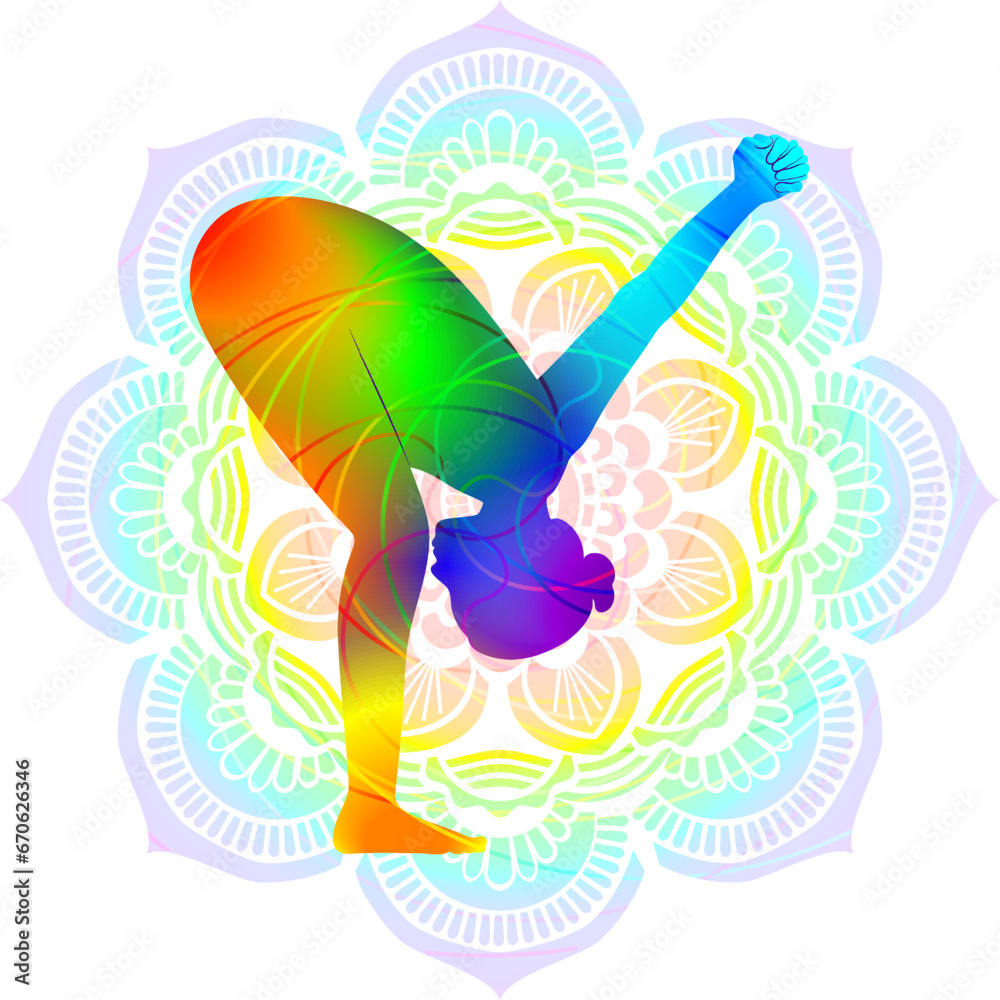 Fototapeta premium Colorful silhouette of Uttanasana. Standing Forward Bend with Shoulder Opener pose. Isolated vector illustration on Mandala background.