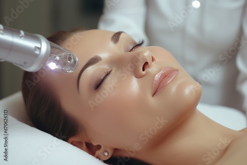Beautician applying facial dermapen treatment on face of young woman customer in beauty salon.