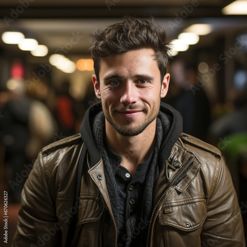 thirty year old man indoors and people in the background, blur background