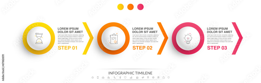Business vector infographic design template. Circle timeline with icons and 3 three arrows or steps. Used for process diagram, presentations, workflow layout, info graph, banner, flow chart - obrazy, fototapety, plakaty 