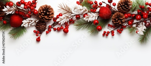 Celebrate Christmas with a table display of fir, oak leaves, rowan berries, chrysanthemums, and pine cones.