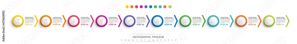 Business vector infographic design template. Circle timeline with icons and 10 ten arrows or steps. Used for process diagram, presentations, workflow layout, info graph, banner, flow chart - obrazy, fototapety, plakaty 