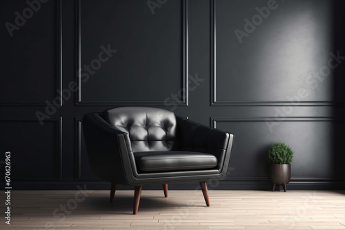Classic black leather armchair in classic interior with black walls and wooden floor. 3d render