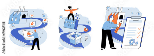 Manufacturer model. Vector illustration. The manufacturer model metaphor compares production process to well-orchestrated system Engineering expertise is necessary for design and development