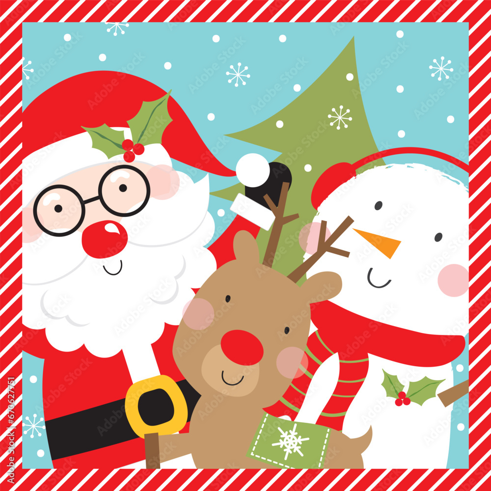 sanata claus, reindeer, and penguin christmas greeting card