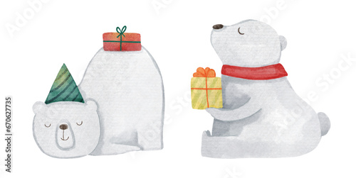 Polar bear with christmas costume . Watercolor paint cartoon characters . Isolated . Set 3 of 8 . Vector .