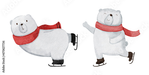 Polar bear with christmas costume . Watercolor paint cartoon characters . Isolated . Set 2 of 8 . Vector .