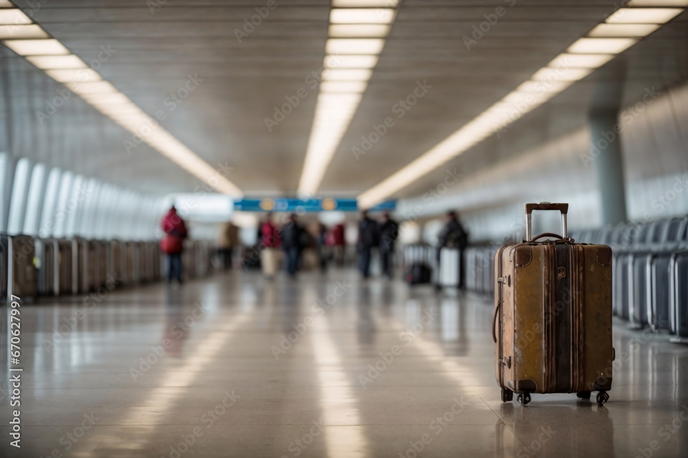 Travel luggage suitcase in terminal empty departure airport hall waiting for seat. Generative Ai.