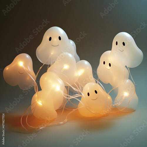 3d cute ghost character halloween backgroundm, 3d cute ghost character halloween background, Lots of soft cute toys, with a blurred background, photo