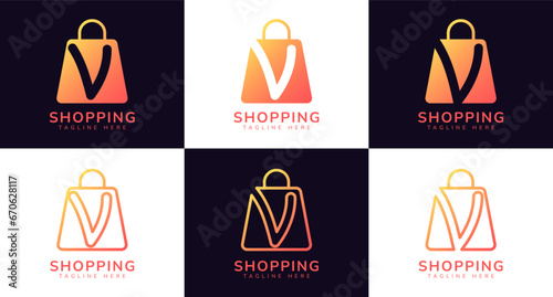 Set of initial letter V shop logo. This logo combines letters and shopping bag using bright gradation colors. Perfect for shops, ecommerce, sales, web store elements and companies related to commerce.