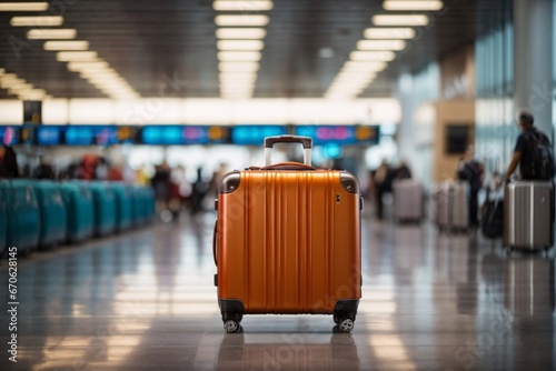 Travel luggage suitcase in terminal empty departure airport hall waiting for seat. Generative Ai.