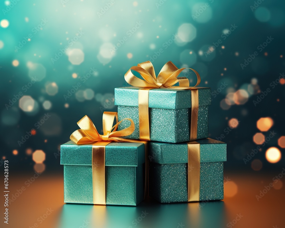 festive Gifts with Gold Ribbons on Bokeh Background festive Gifts with Gold Ribbons on Bokeh Background