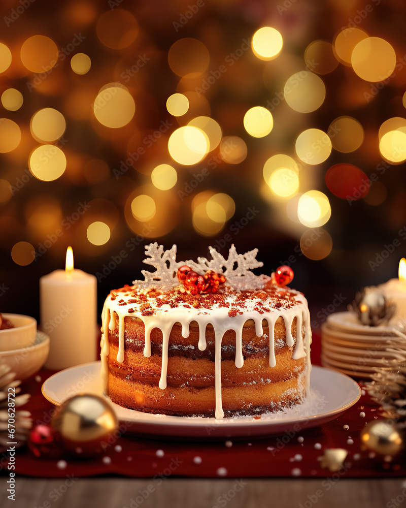 Festive Christmas cake on bokeh background Festive Christmas cake on bokeh background