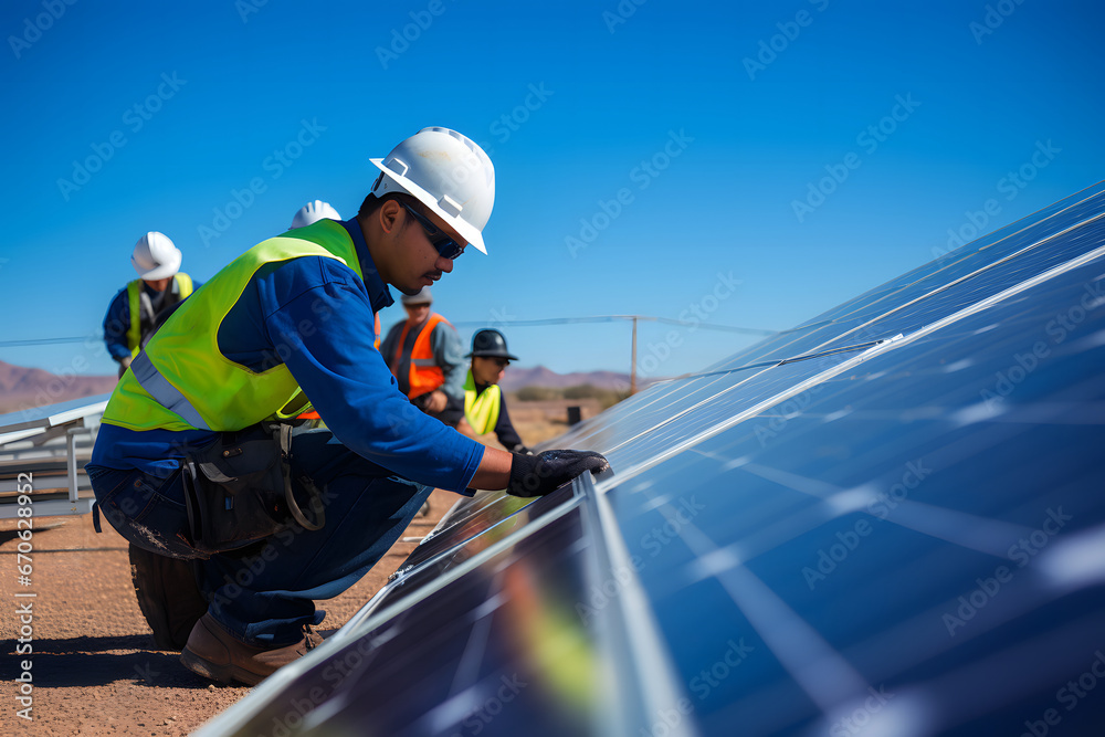 Workers placing solar panels on a roof Workers placing solar panels on a roof