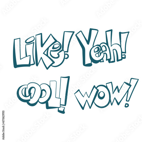 positive acceptance like yeah cool wow comic pop text emotional speech sound vector hand drawn doodle