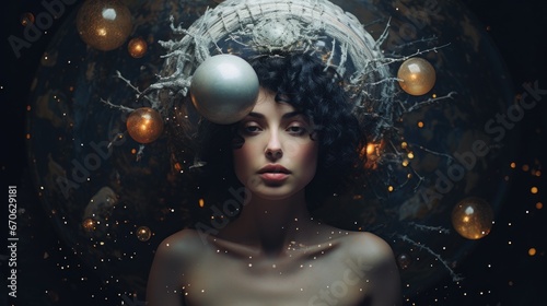 Surreal art concept on the topic  Astrology and natal chart calculations. Woman with planets  esoteric mystical abstract magic. against the backdrop of the cosmic sky