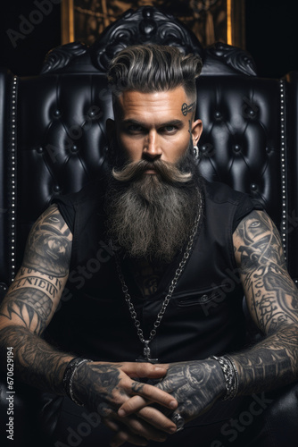 A tattooed man with a long black tatted beard sitting on a couch