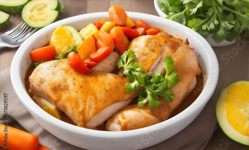 Baked chicken with vegetables in a bowl on a wooden table. Selective focus.