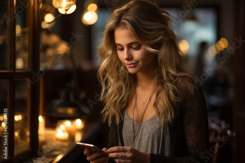 Beautiful teenage girl with smartphone in a decorated living room lit by dim lanterns and candles. Cute girl with dreamy smile looking at phone, reading or texting message. Waiting for a romantic eve.