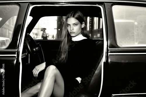 black and white photo of attractive female with vintage car 60's 70's style
