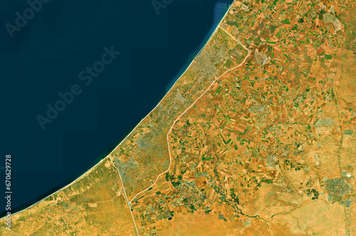Fotografía Gaza, Palestine - Map of the Gaza Strip, satellite view, top view, border recolo