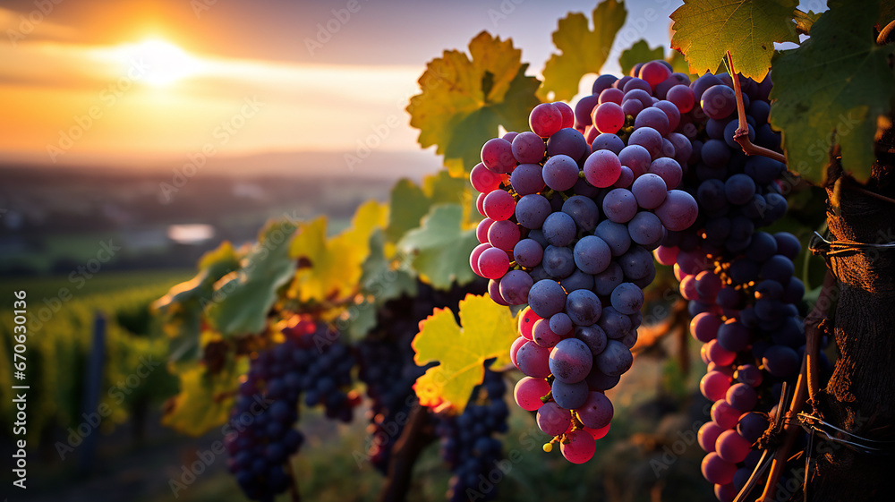 Fototapeta premium Vineyards at sunset in autumn harvest. Ripe grapes in fall. Bunch of ripe grapes on vineyards. Generative AI