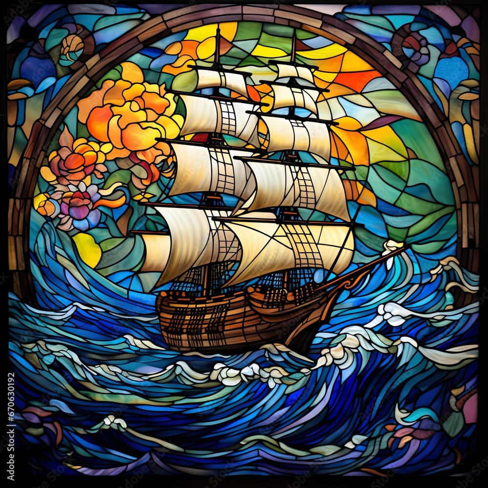 Stained glass window of a tall ship sailing on the ocean.