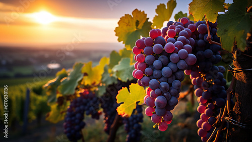 Vineyards at sunset in autumn harvest. Ripe grapes in fall. Bunch of ripe grapes on vineyards. Generative AI