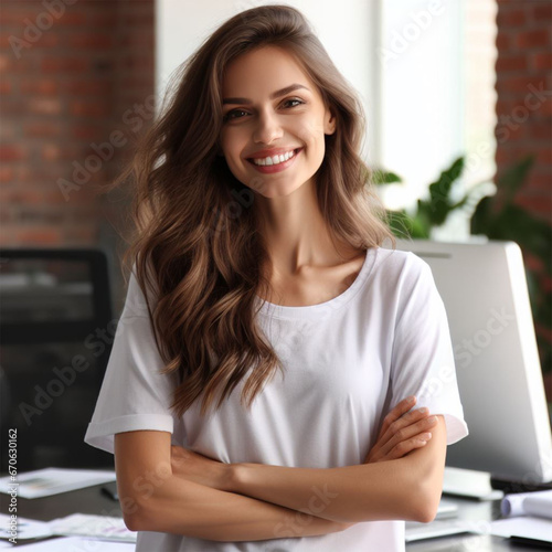 Cheerful woman standing in office environment