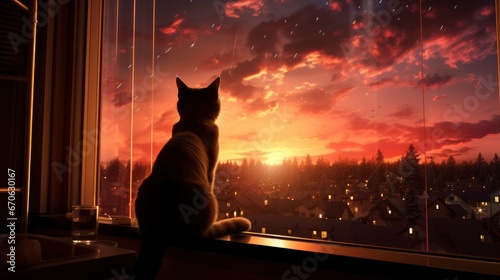 A Cat Looking Out At The New Years Cityscape , Background Images, Hd Illustrations