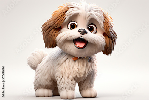Shih Tzu Dog on a white background. Adorable 3D cartoon animal portrait.