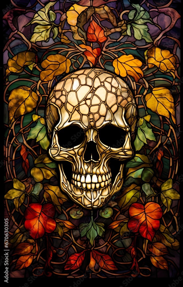 Stain glass window with a skull design. Stain glass window with a skull design.