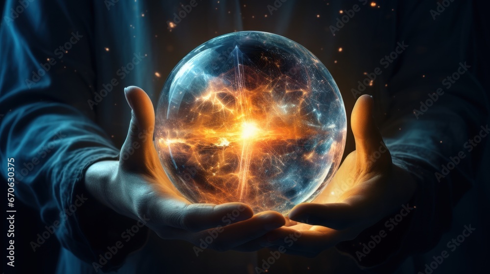 Magic crystal ball in the hands witch fortune teller, the theme of mysticism, occult and paranormal - obrazy, fototapety, plakaty 