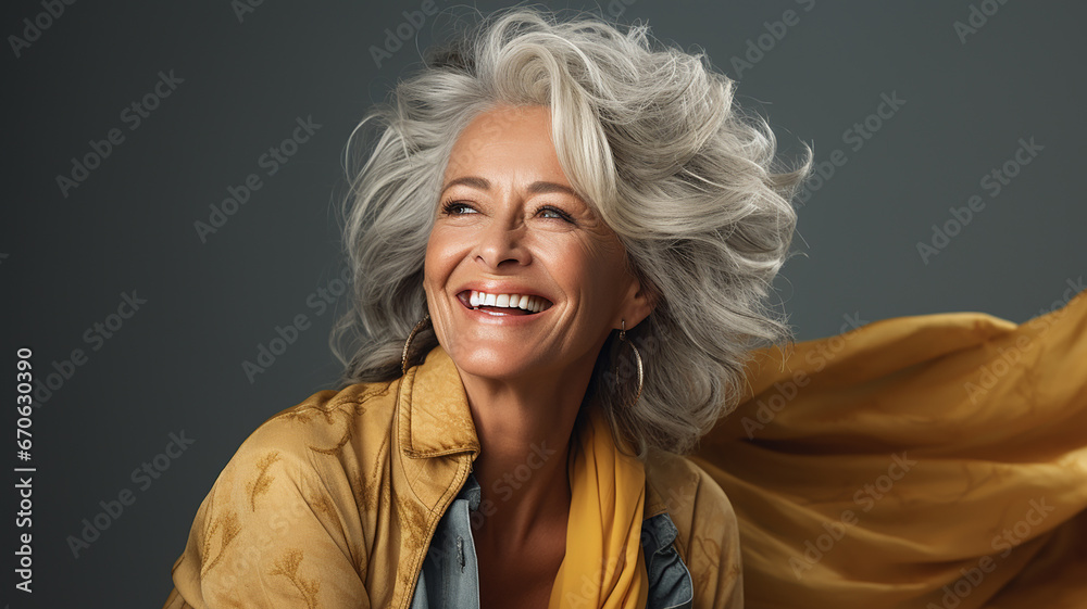 Potrait of beautiful gorgeous 50s mid age, beautiful mature old lady. Elderly senior model woman with grey hair laughing and smiling. Close up portrait. Generative AI