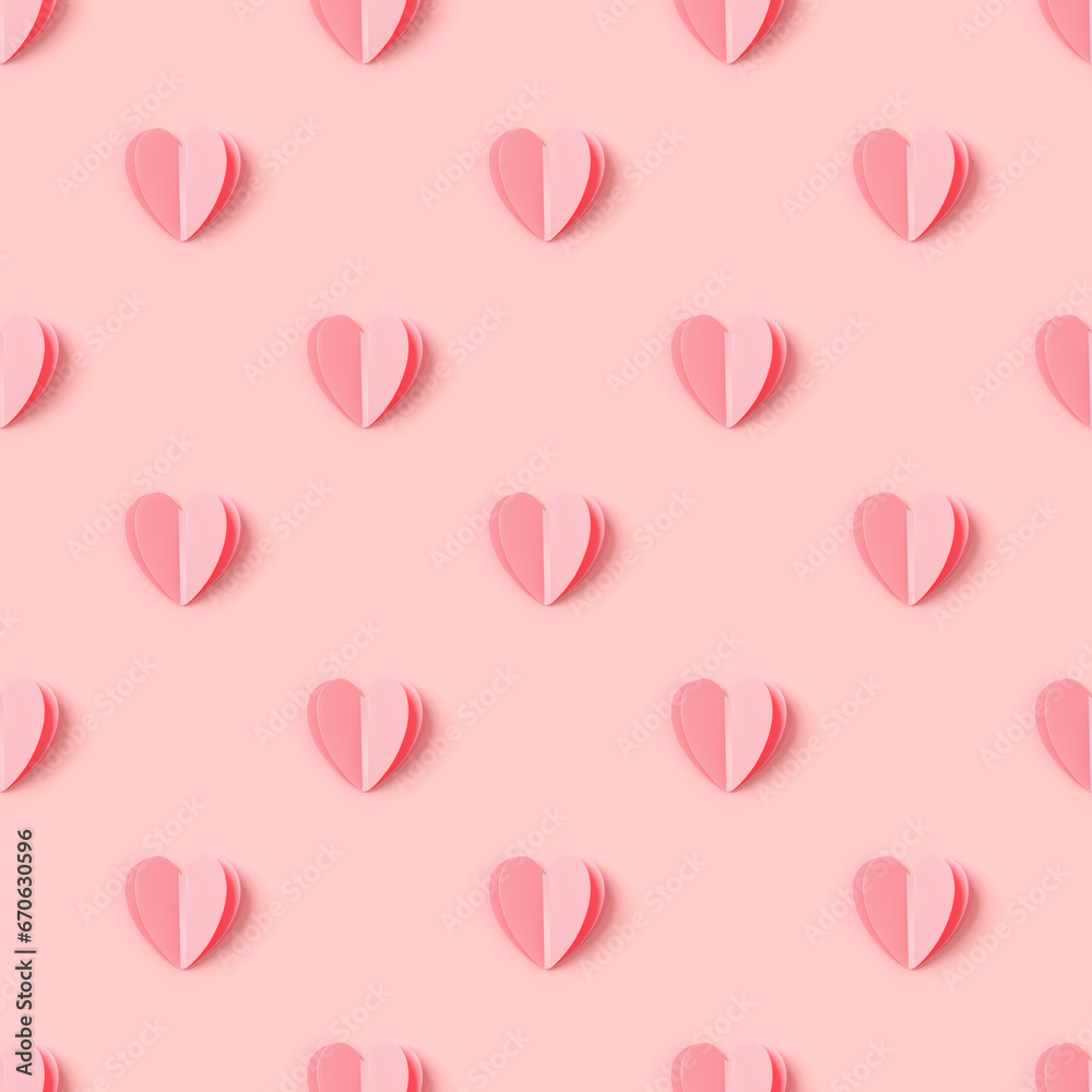Pink hearts on pink colored background, minimal trend seamless pattern, pastel monochrome color print as valentines day or wedding background. Paper cut hearts, romantic holiday concept, above