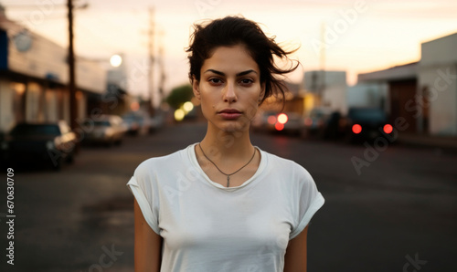 Hispanic woman with intense facial expression in the street at evening