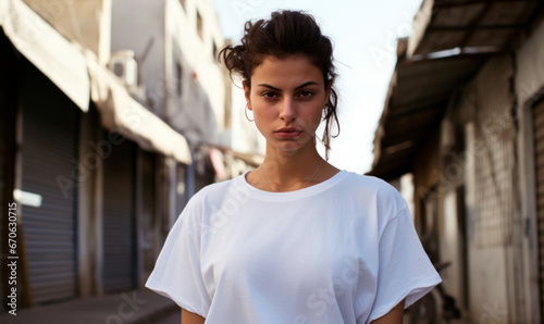 Serious hispanic woman in plain t-shirt, standing in the street at evening photo