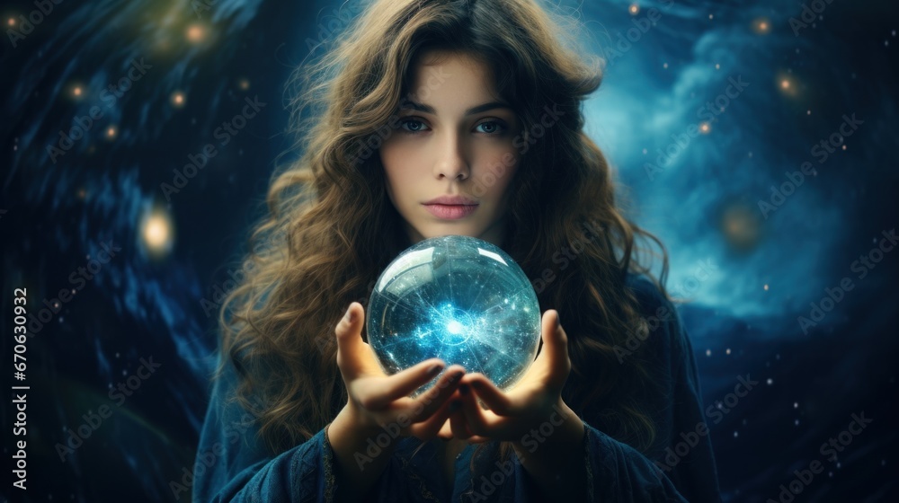 Naklejka premium Magic crystal ball in the hands of a girl witch fortune teller, the theme of mysticism, occult and paranormal