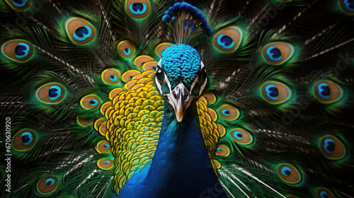 Closeup Portrait of beautiful peacock with feathers out
