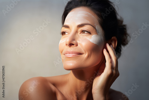 Close-up of middle-aged Caucasian woman touching her face to apply moisturizer. Smiling face of adult brunette lady with daily cream, facial cosmetics. Skin care. Grey background, copy space. photo