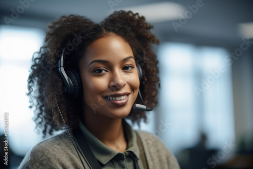 African American woman working in call center with microphone and headphones