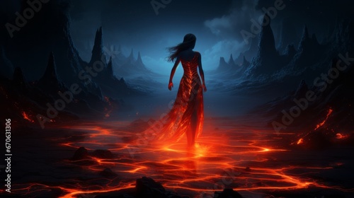 girl in a blue dress in the lava background