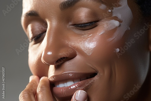 Close-up of middle-aged African American woman touching her face to apply moisturizer. Smiling face of adult colored lady with daily cream, facial cosmetics. Skin care. Grey background.