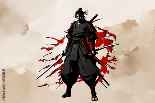 Anime Samurai Hero in Black Kimono and Bloody Sword (JPG 300Dpi 10800x7200)