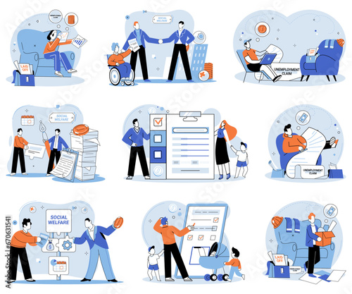 Social security. Vector illustration. Taking action is necessary to address social security challenges Organizations play key role in implementing social security initiatives The economy is closely