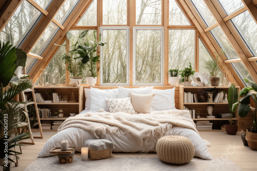Interior of the cute small attic bedroom with cozy minimal mix scandinavian style.