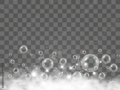 Air bubbles on a transparent background. Soap foam vector illustration.	

