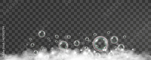 Air bubbles on a transparent background. Soap foam vector illustration.	

