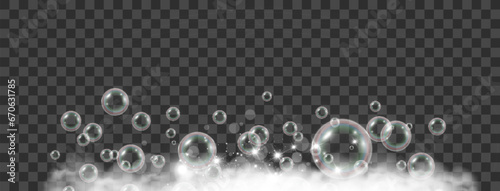 Air bubbles on a transparent background. Soap foam vector illustration.	

